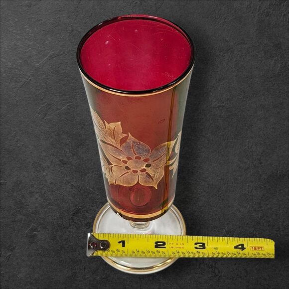 Set of 4 Vintage Footed Collins Glasses Mid-Century Libbey Style Gold Floral Red - Picture 10 of 11